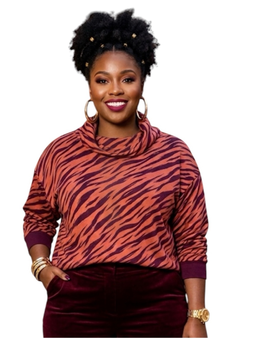 NWT Tiger Stripe Cowl Neck Fleece Burgundy Rust Top Size: 2X